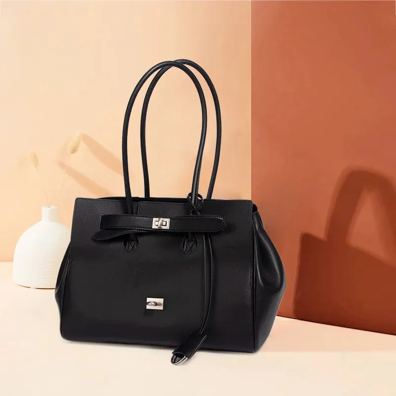 Trendy Cowhide Tote with Modern Buckle Design