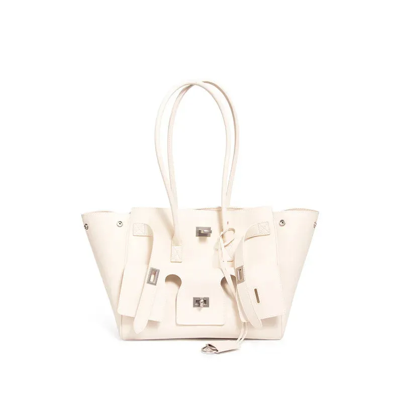Trendy Cowhide Tote with Modern Buckle Design