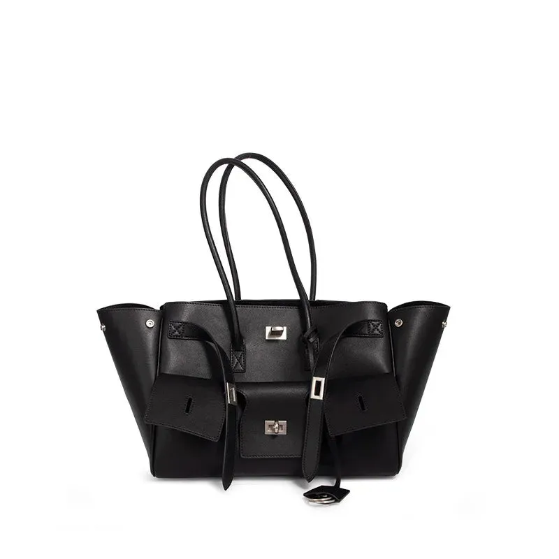 Trendy Cowhide Tote with Modern Buckle Design