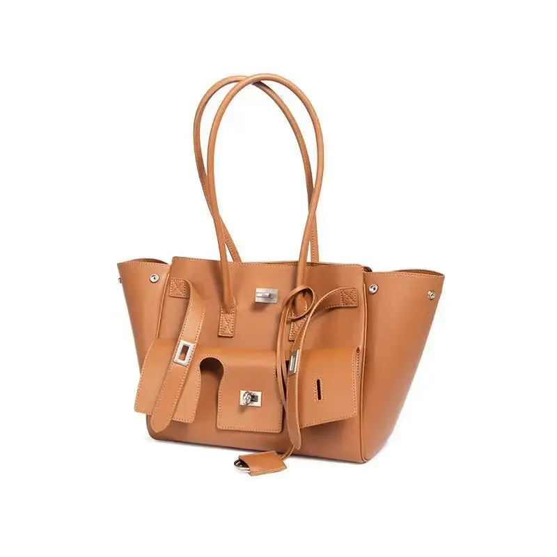 Trendy Cowhide Tote with Modern Buckle Design
