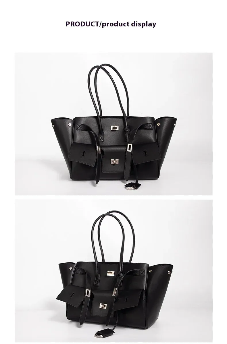Trendy Cowhide Tote with Modern Buckle Design