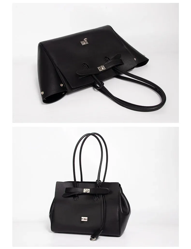 Trendy Cowhide Tote with Modern Buckle Design