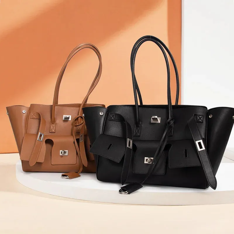 Trendy Cowhide Tote with Modern Buckle Design
