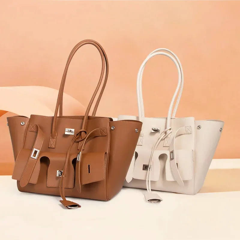 Trendy Cowhide Tote with Modern Buckle Design
