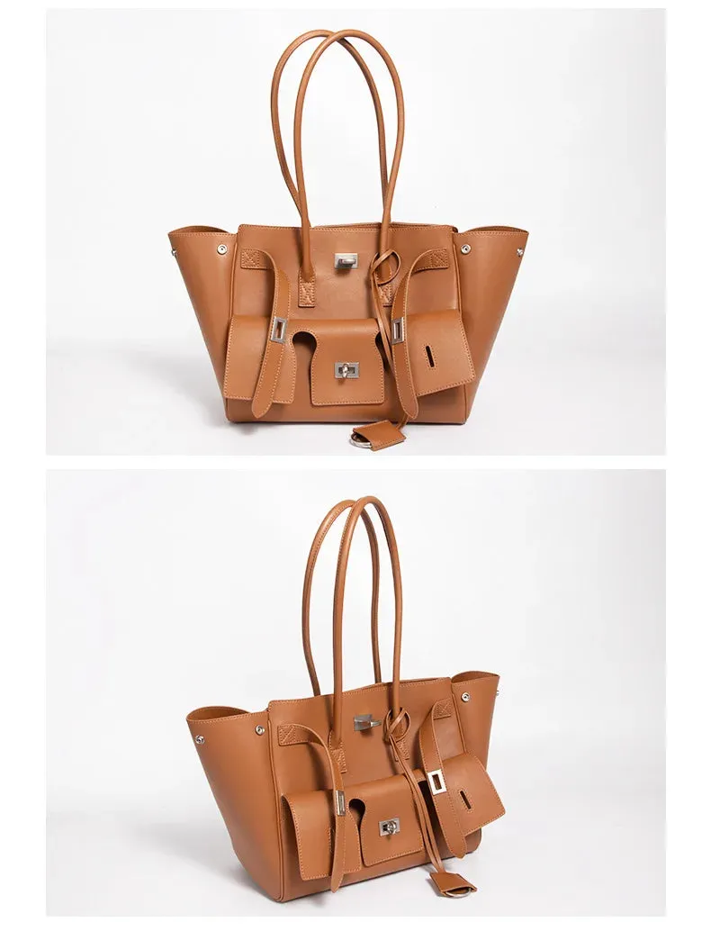 Trendy Cowhide Tote with Modern Buckle Design