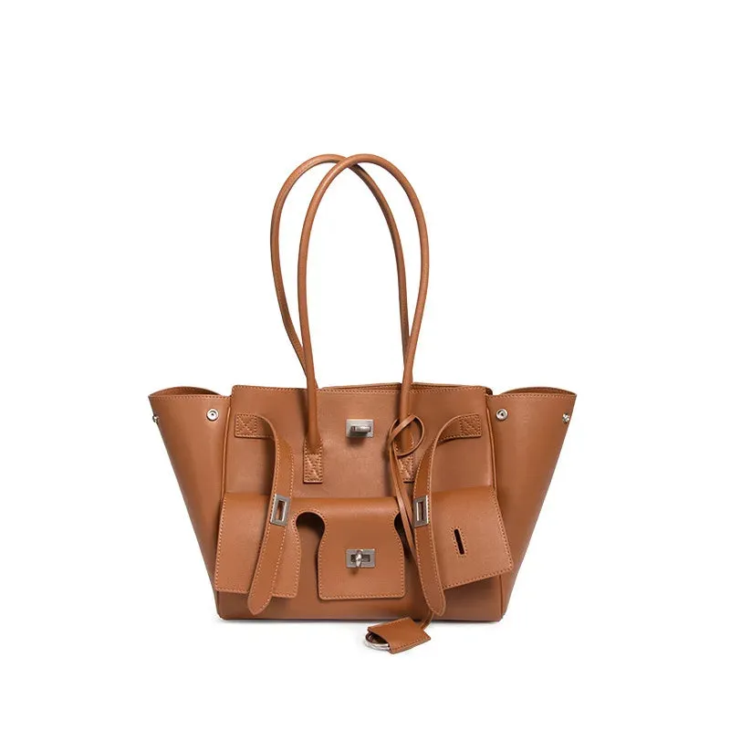 Trendy Cowhide Tote with Modern Buckle Design