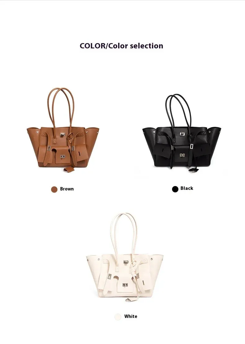 Trendy Cowhide Tote with Modern Buckle Design