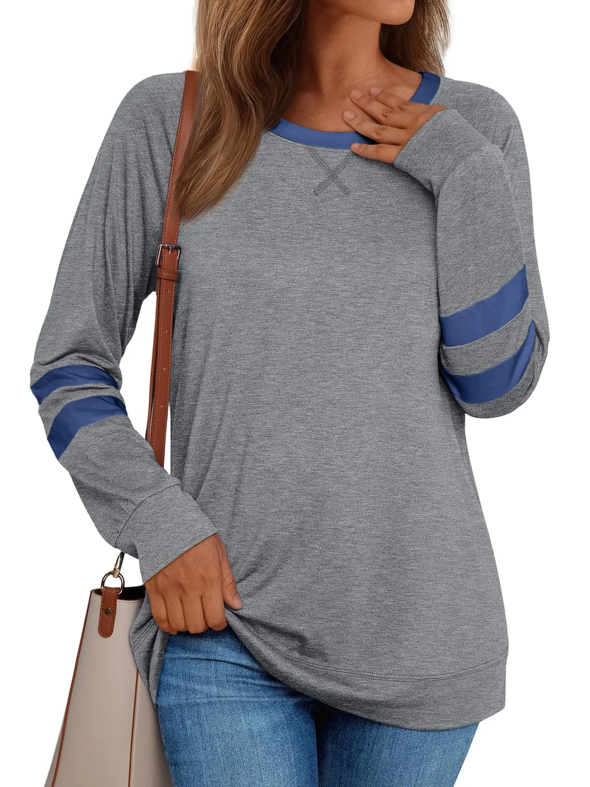 Womens Long Sleeve Shirts Color Block Casual Crewneck Tops Tshirt Basic Tees Fashion Clothes Trendy Outfits