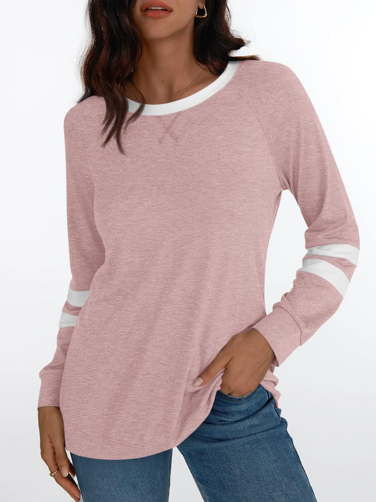 Womens Long Sleeve Shirts Color Block Casual Crewneck Tops Tshirt Basic Tees Fashion Clothes Trendy Outfits